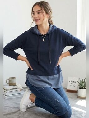 Calia by Carrie Underwood Pullover Mixed Media Cropped Hoodie Faux Underlayer, S